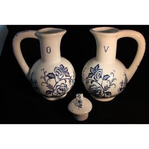 BLUE PEONY Vinegar & Oil Pitchers w/one lid  1950's Beautiful Vintage